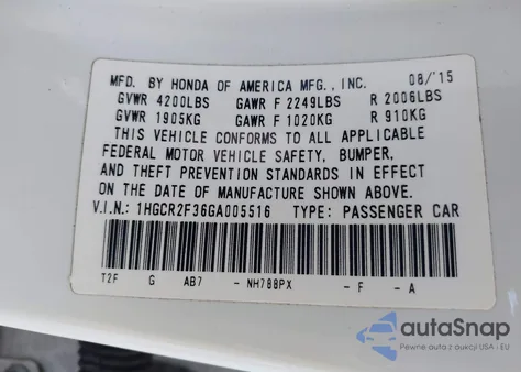 2016 Honda Accord Lx z USA, uszkodzony, nr VIN 1HGCR2F36GA005516